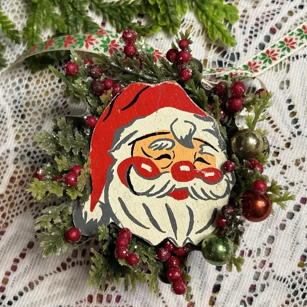 Vintage Round Tart Tin Santa Claus Mercury Glass Diorama Mid Century Ornament